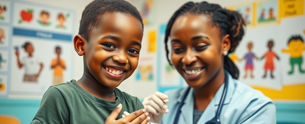 Reassuring pediatric nurse and happy Ugandan child; vaccine shot at pediatric care Kampala; child health Uganda