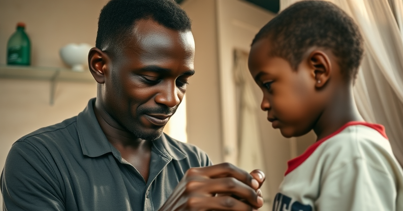 Calm Ugandan father caring for sick child; pediatric care Kampala; fever and hydration child health Uganda