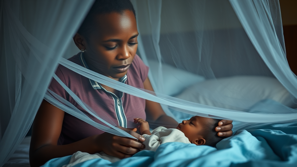 Hopeful Ugandan mother using mosquito net over sleeping child; protect child against malaria Uganda; child health Uganda