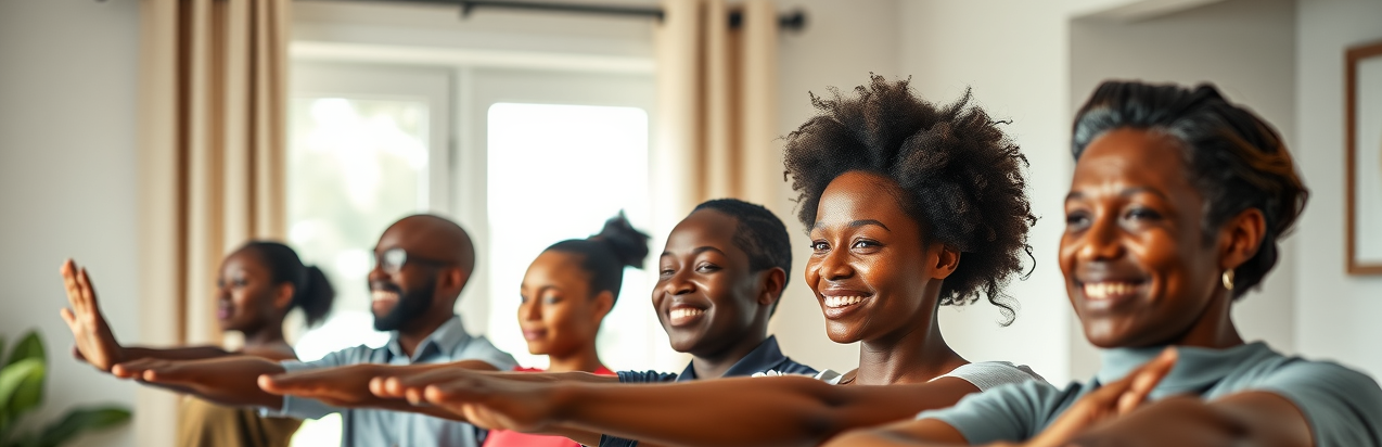 Group of Ugandan professionals practicing simple exercise routines to relieve back pain and prevent disease, in a bright, small office.