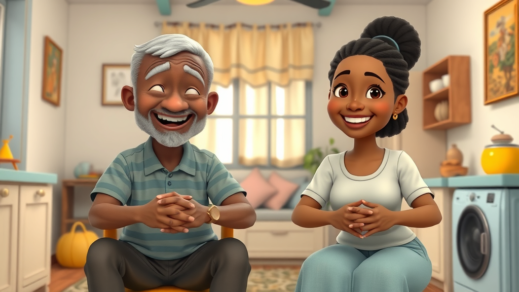 Older Ugandan man and young woman doing home exercises like chair squats and matooke peeling squats, for relieve back pain and mobility in a cozy apartment.