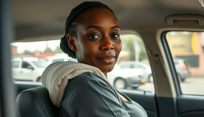 Ugandan woman in a taxi using a rolled towel for back pain relief from traffic and poor roads in Kampala. Comfort, practical posture.