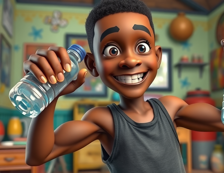 Young Ugandan working out using water bottles for weights during a home exercise routine, showing pain relief, back strength, and DIY fitness approach.