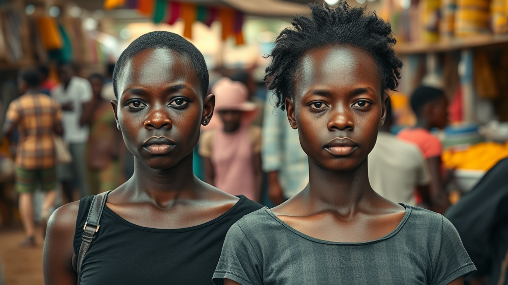 Somber Ugandan adults in a vibrant local market, neutral expressions, standing together as if unseen by the crowd. Photorealistic high fidelity lifelike, health issue, mental health Uganda