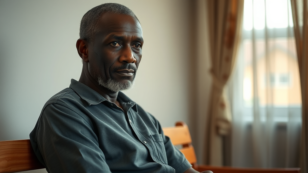 Thoughtful middle-aged Ugandan man reflecting quietly, symbolizing the hidden struggles with mental illness and stigma. health problem, mental illness, social support Uganda