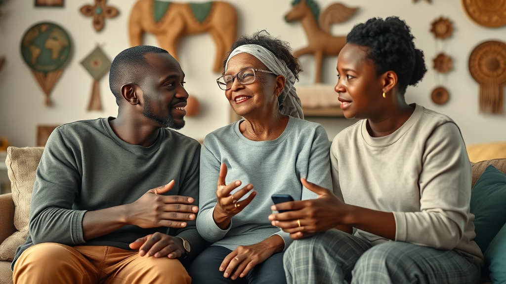 Caring Ugandan family of three engaged in a warm conversation, depicting integration of emotional and physical wellness. health care, family support, mental wellness Uganda