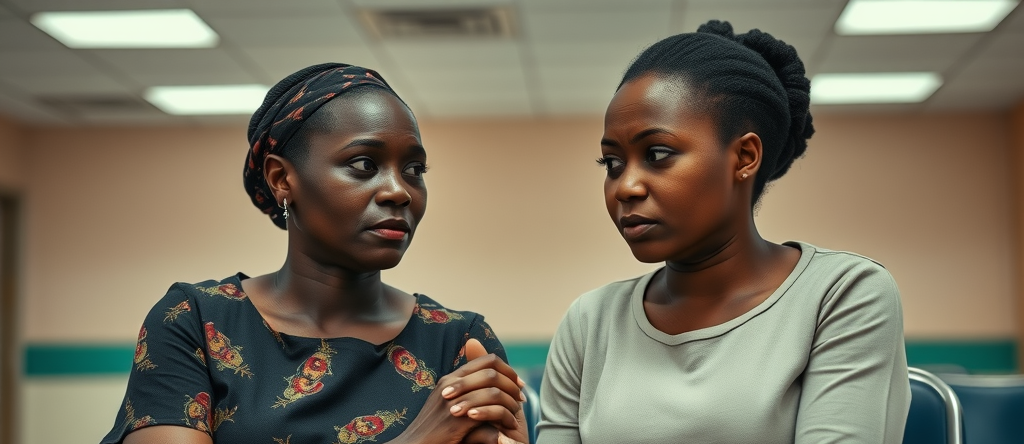 Two Ugandan women, one comforting the other in a clinic, depicting support and the decision to seek professional mental health care. mental health care Kampala, depression support Case Clinic