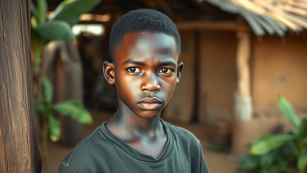 Worried Ugandan young adult standing at rural doorway, expressing quiet signs of anxiety or depression. mental disorder, mental health Uganda