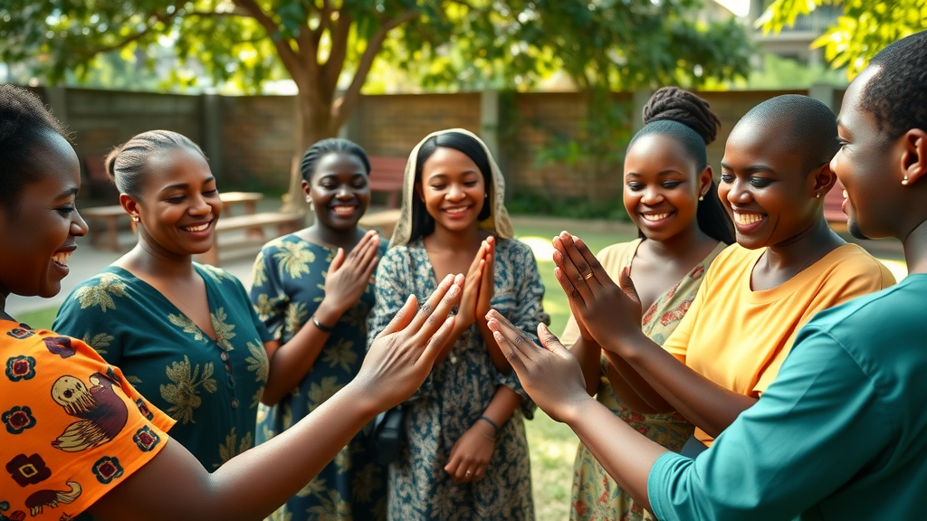 Joyful Ugandan community group in prayer, illustrating the importance of social support and traditional practices for stress management in Kampala. stress management Kampala, mental health Uganda