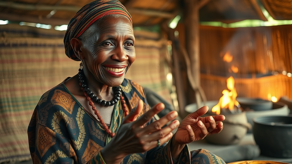 Respected Ugandan female elder healer performing traditional mental health healing ritual, balancing spirituality and mental health services. traditional healing, depression support Uganda