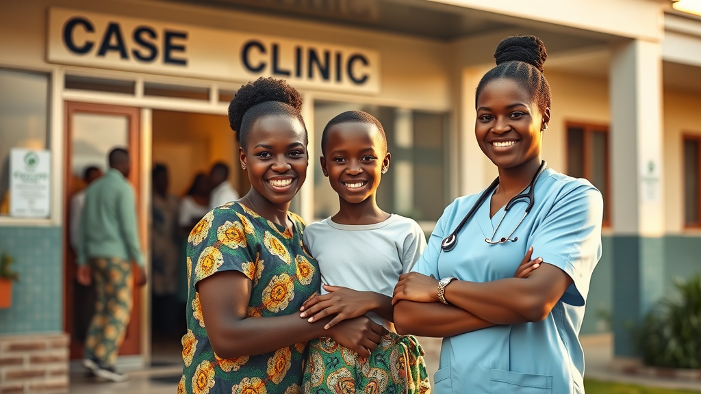 Positive Ugandan family and healthcare worker outside Case Clinic, symbolizing hope and the bridging of tradition and modern care. mental health Uganda, depression support Case Clinic