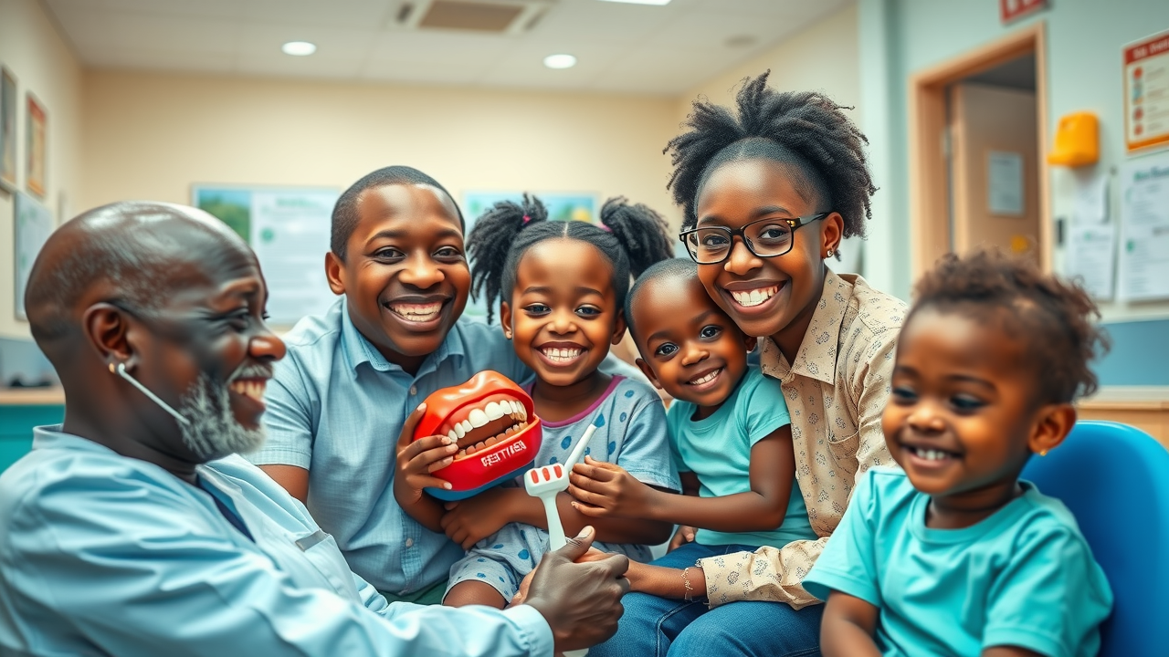 Happy Ugandan family learning oral hygiene at Case Clinic comprehensive health specialist referral