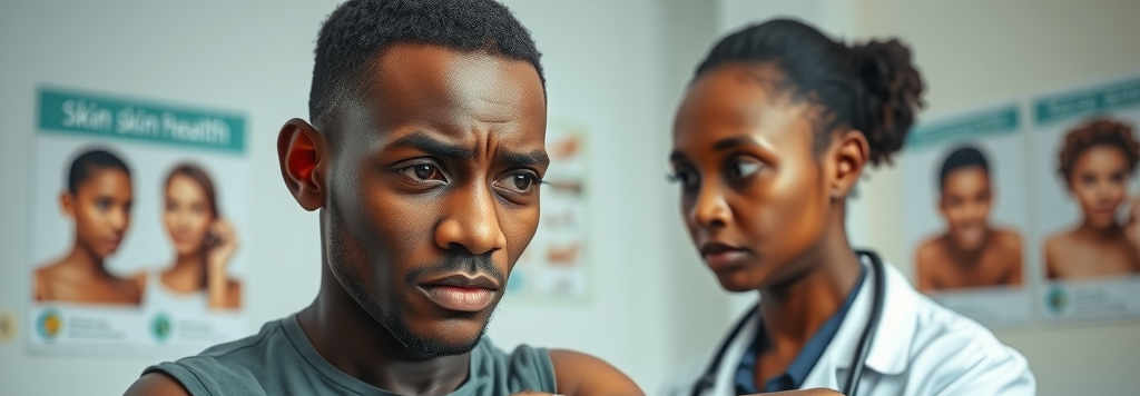 Dermatologist examining skin change for hidden chronic disease at Case Clinic Uganda