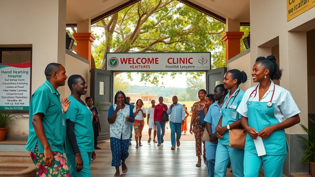 vibrant Ugandan hospital entrance, welcoming healthcare workers and local villagers interacting; a visual of a hospital’s true community borders