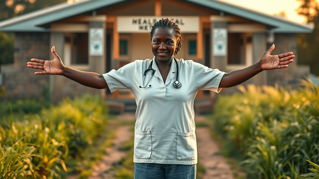 inspiring Ugandan health worker outside hospital gates, greeting and teaching villagers; hospital borders blending into the community