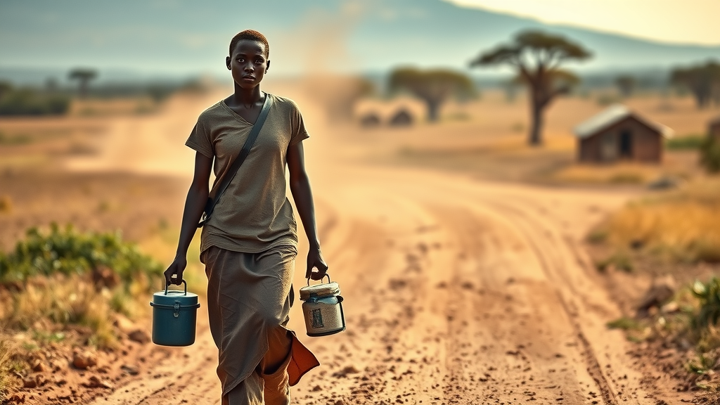 determined Ugandan village health worker on a rural road, illustrating the challenge of distance in delivering care services in rural areas