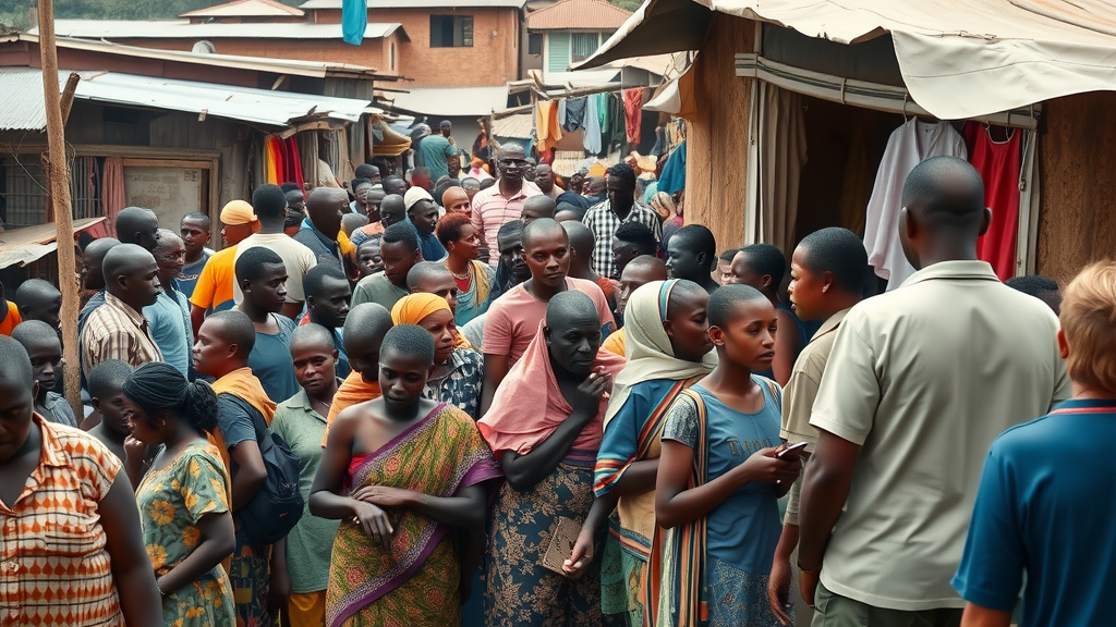 crowded Ugandan urban slum; residents waiting at a makeshift community health tent, showing challenges of limited health facilities and access in urban settings