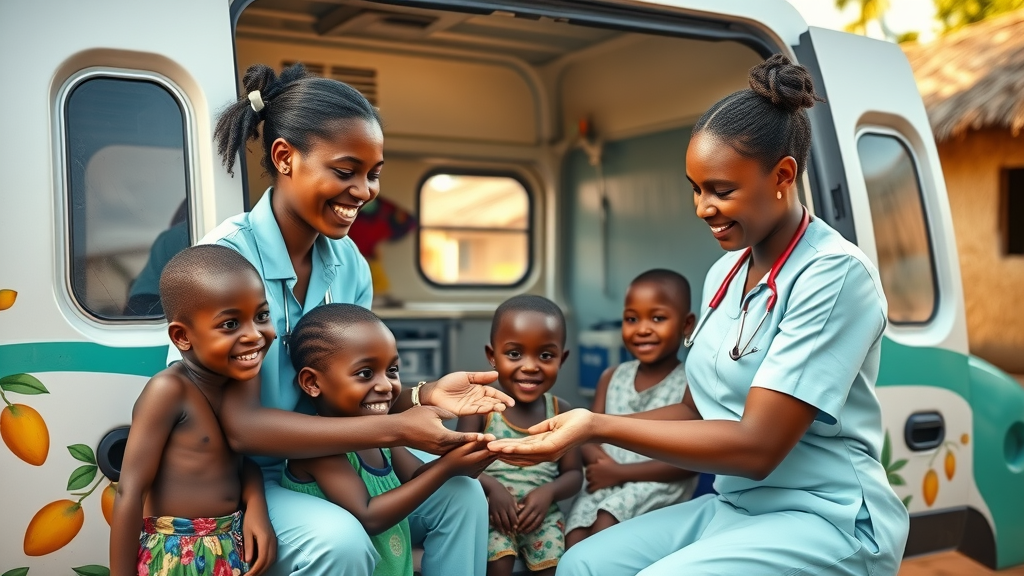 modern Ugandan mobile clinic van; medical professionals assisting rural families at the edge of a village; symbolizing outreach beyond hospital walls