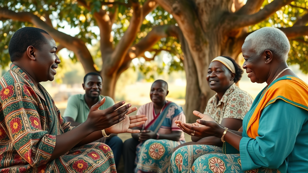 Ugandan community meeting with leader, nurse, and traditional healer discussing outreach; collaboration among health sector providers