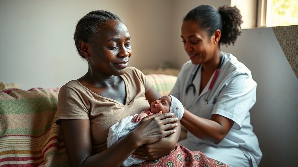 relieved Ugandan mother holding newborn in a rural clinic; successful village health outreach story