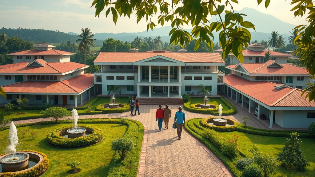 aspirational Ugandan community health campus, modern buildings with smaller clinics, a lush rural setting, and community members arriving