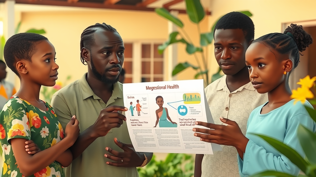 Ugandan family learning about infectious disease prevention in a sunlit health center