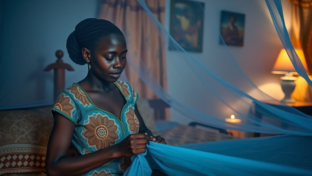 Mother and child in Uganda tucking in under a blue mosquito net to prevent malaria