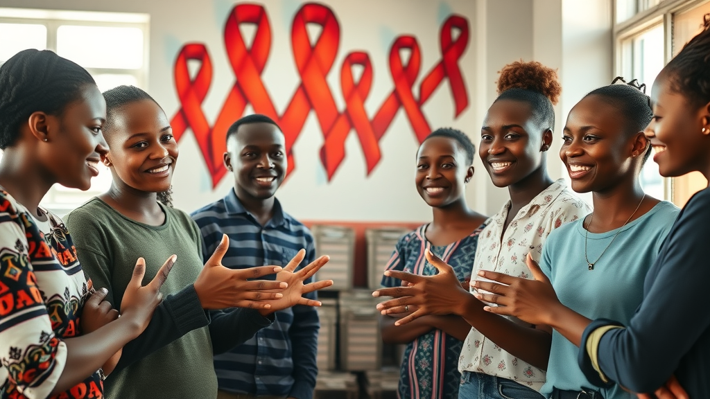 Ugandan youth group leading peer discussion on HIV prevention