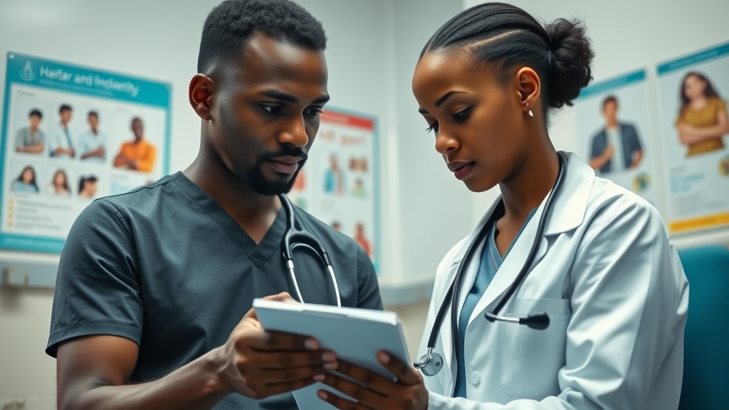 Caring Ugandan doctor listening to a young patient