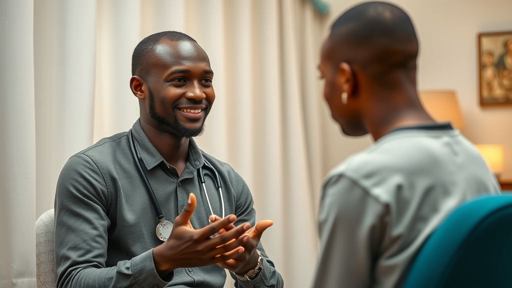 Ugandan counselor providing confidential support in a safe clinical space