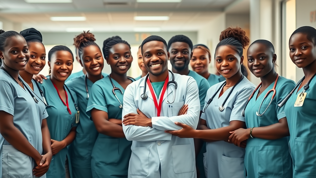 Inspiring group of Ugandan nurses and doctors preparing to start their hospital shift