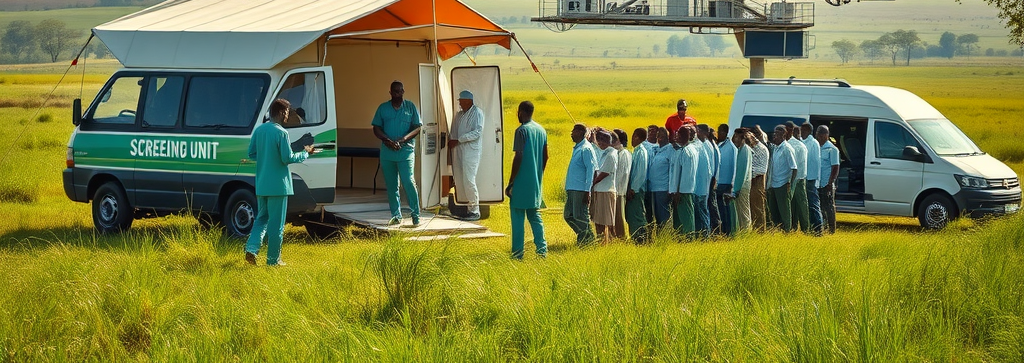 Mobile health screening unit set up in rural Uganda: A line of villagers awaits screening