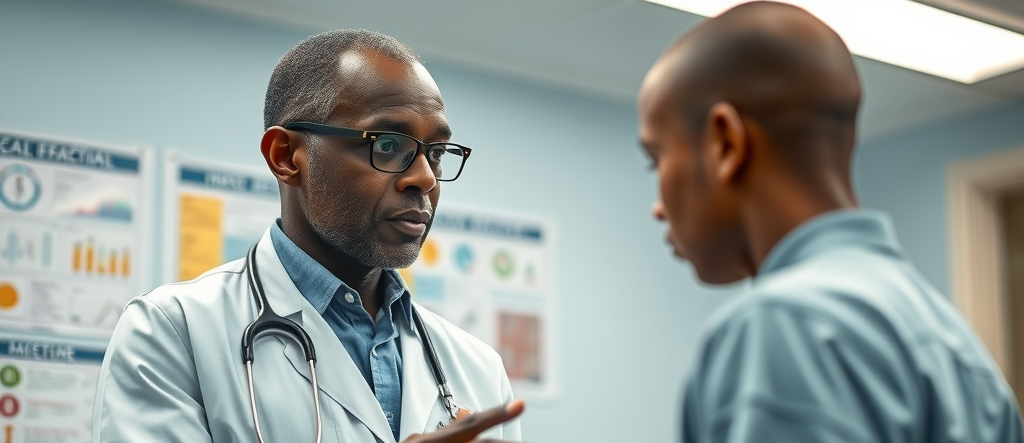Ugandan doctor providing diabetes and hypertension education in Kampala clinic