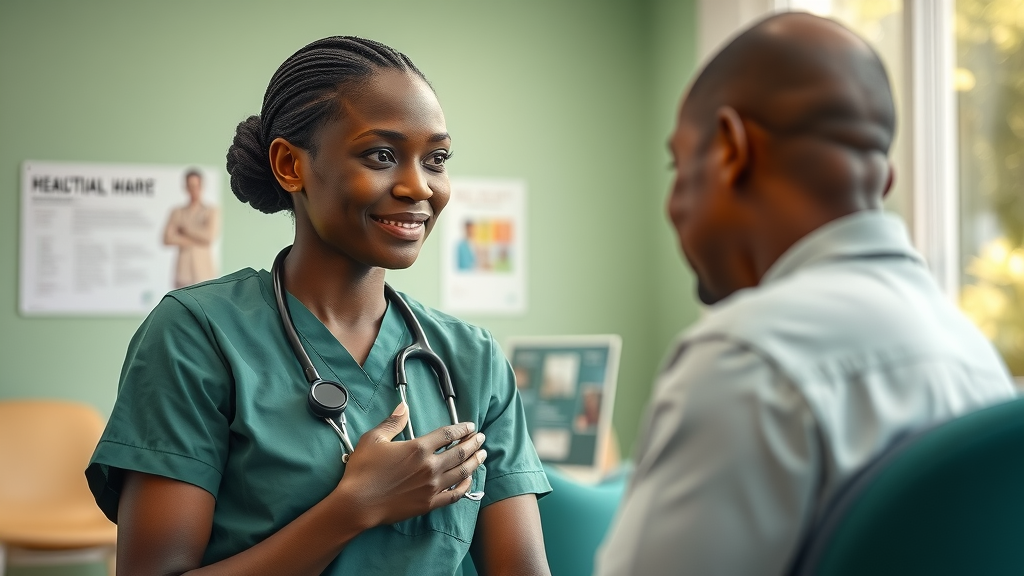 Ugandan health worker offering chronic disease counseling and medication reminders in clinic