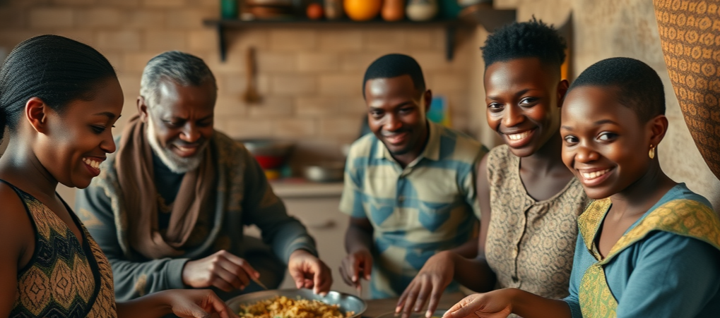 Supportive Ugandan family preparing healthy meals for diabetes management