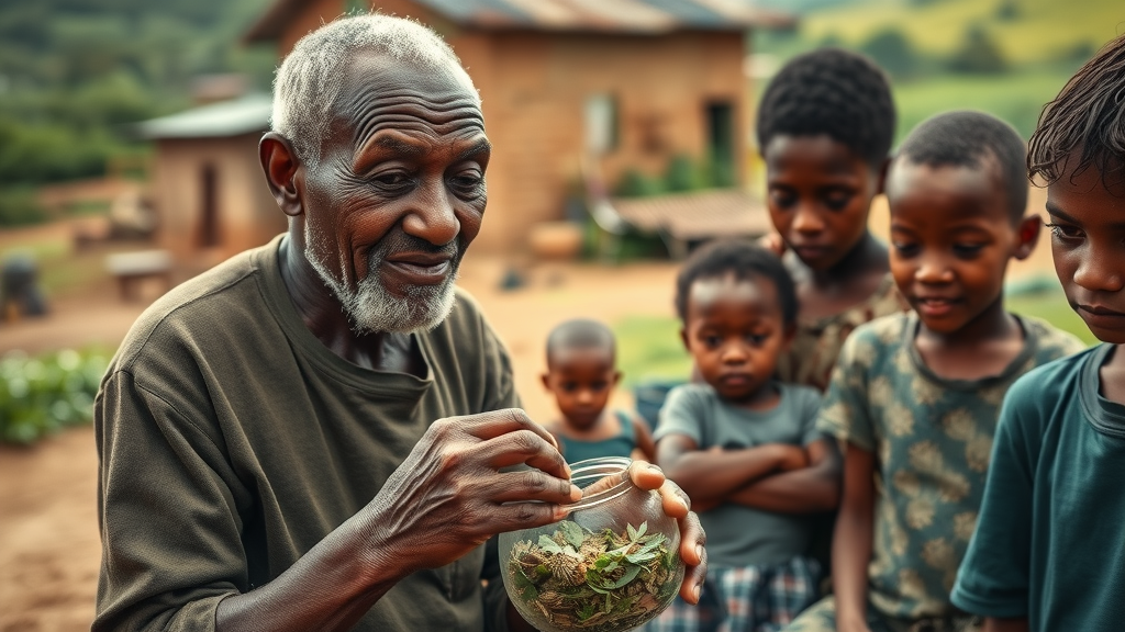 Elderly Ugandan sharing traditional healing knowledge with young family