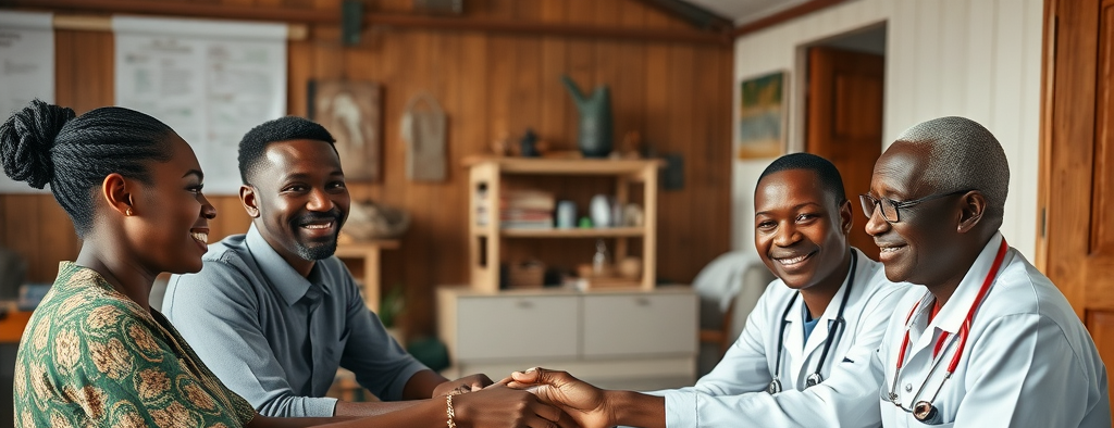 Ugandan healthcare team and traditional healer collaborating on patient care