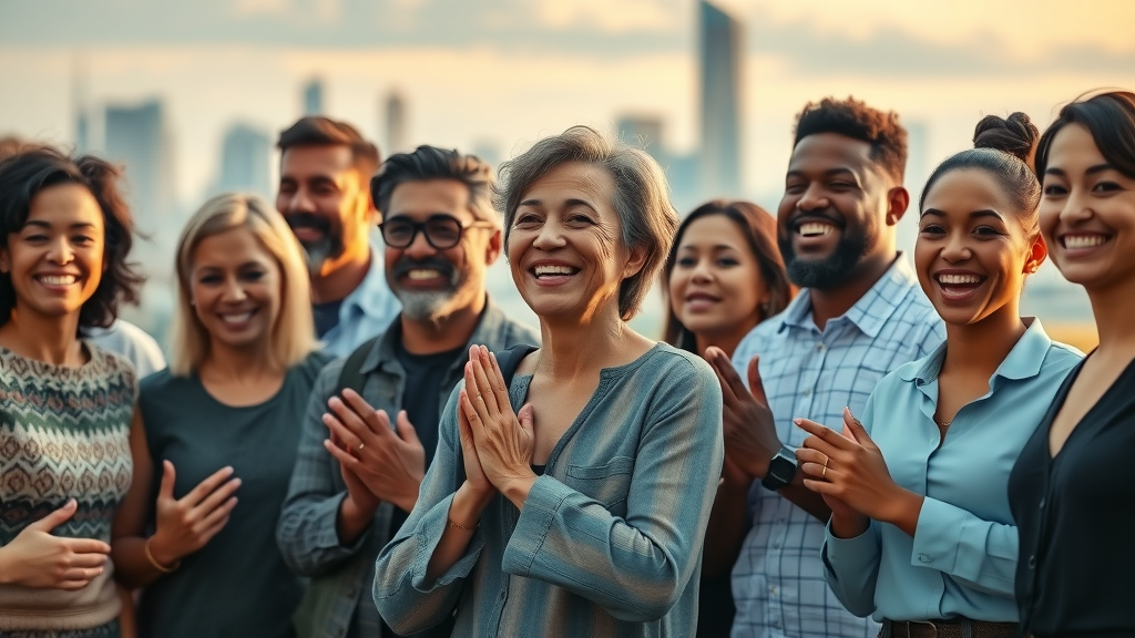 inspirational group of diverse leaders, hopeful expressions, standing together in unity, subtle cityscape background, energy of resilience, pastel color tones, golden hour lighting, cinematic