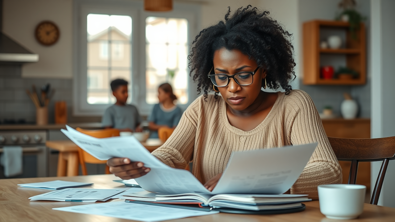 concerned parent balancing finances, worried expression, reviewing bills at kitchen table, children in background, sense of responsibility, high fidelity, cozy home, soft window daylight
