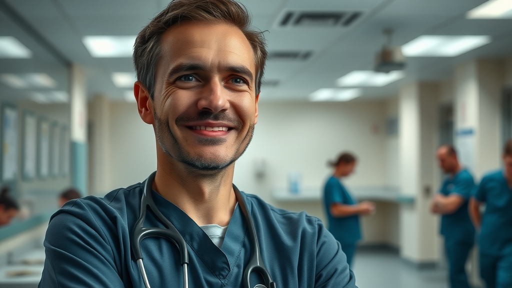 overworked professional, strained smile, glancing away with tired eyes, medical scrubs in a hospital break room, sense of exhaustion, muted colors