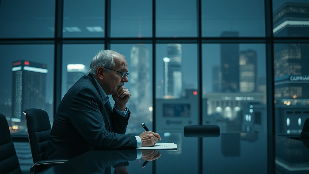 isolated older executive, thoughtful and weary, seated alone at a large conference table, mood of solitude, modern office with city lights, blue-gray color cast, cinematic, high detail