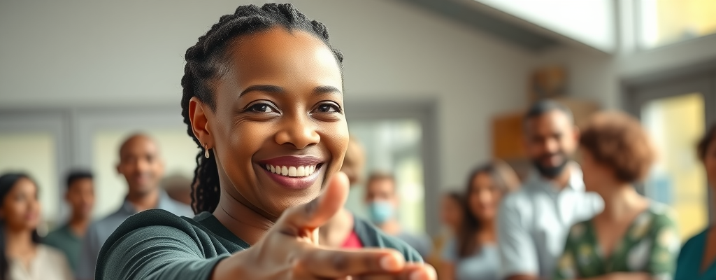 empowered community leader, serene confidence, reaching out for a handshake, community center with diverse group in background, positive and uplifting, high fidelity, bright daylight