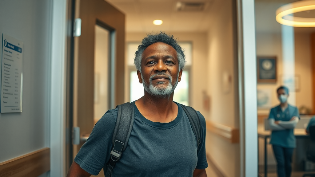 determined community member, hopeful gaze, stepping through an open clinic door, modern clinic lobby, welcoming staff in background, sense of overcoming challenges, vibrant lighting