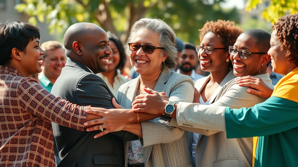 diverse leaders supporting one another, encouraging expression, group embracing, high fidelity, radiant joy, sunlit community event