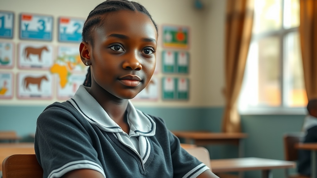 Empathetic Ugandan teenage girl learning about menstrual health and hygiene in a school setting with educational support