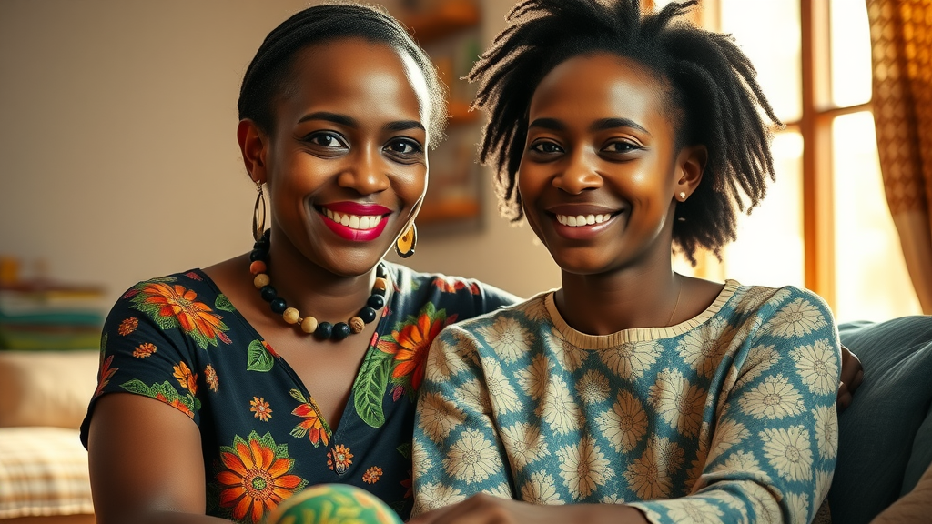 Confident Ugandan mother and daughter discussing menstrual health and body positivity at home