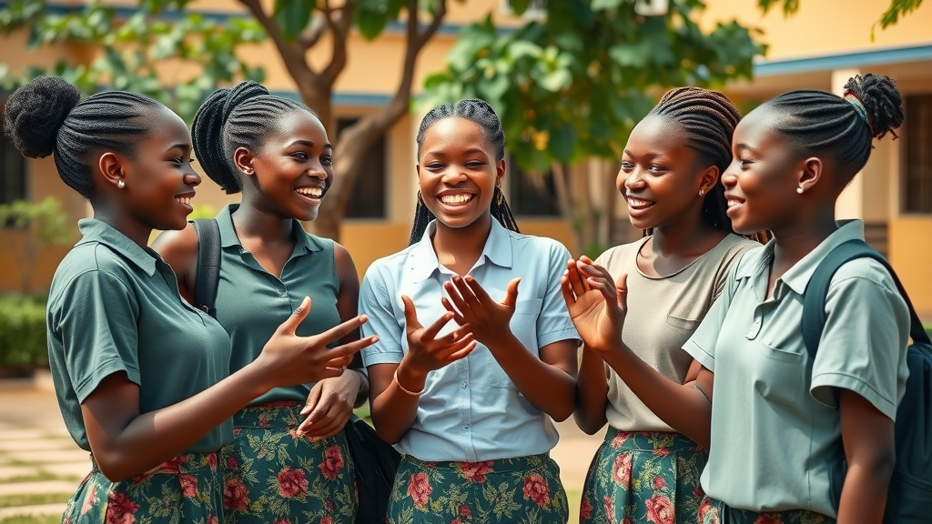 Supportive group of Ugandan teenage girls discussing menstrual health and experiencing body changes and confidence together