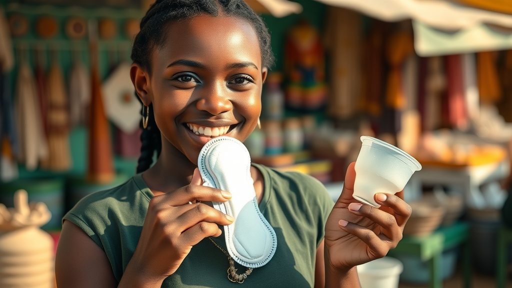 Eco-conscious Ugandan teen girl holding reusable menstrual pad and menstrual cup, promoting sustainable menstrual health and hygiene