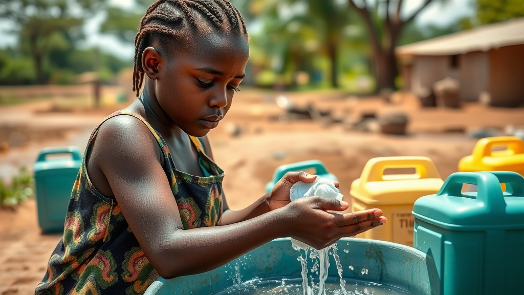 Diligent Ugandan girl washing reusable menstrual pads at an outdoor water basin for proper menstrual hygiene management