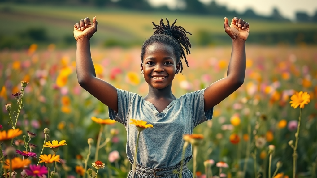 Empowered Ugandan teenage girl celebrating body positivity and menstrual health, standing proud among wildflowers